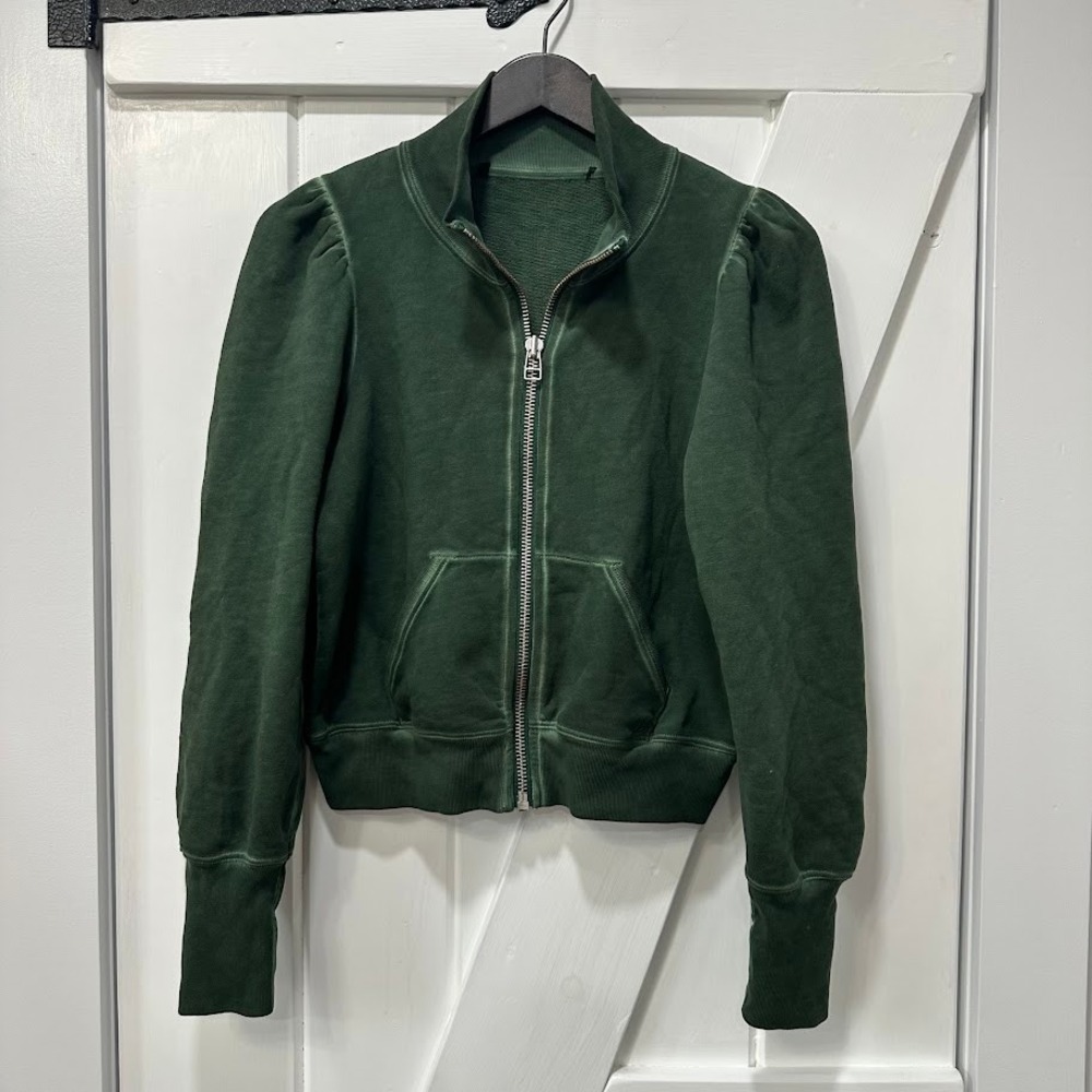 Veronica Beard Womens Full Zip Sweater Green Puff Sleeve Pima Cotton Mock Neck